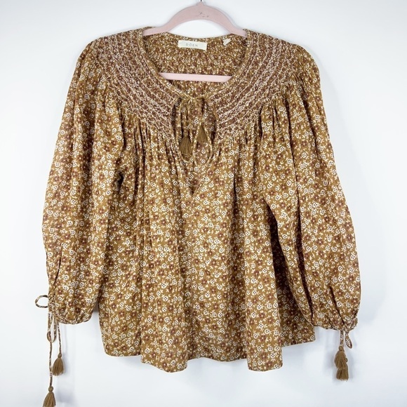Doen Tops - Doen Ariste Top Golden Mesa Floral Print Brown Tassel Peasant Cottage Small